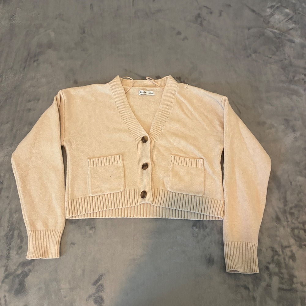 Aster Cardigan Women L Beige Cropped V-Neck Button Front Pockets SW7041